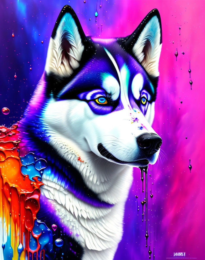 Colorful Husky Illustration with Blue Eyes and Psychedelic Background