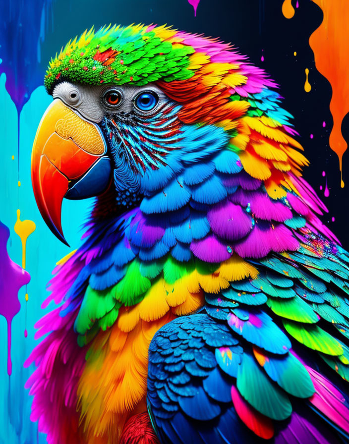 Colorful Parrot Artwork with Exaggerated Feathers on Dripping Paint Background