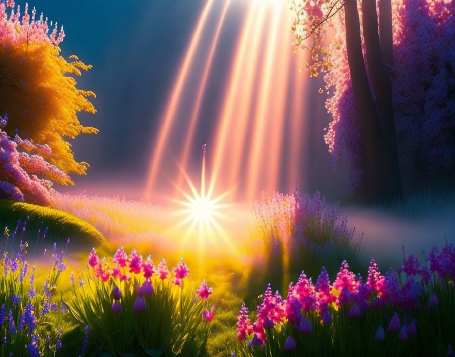 Colorful Landscape with Sunlight Through Trees and Purple Flowers