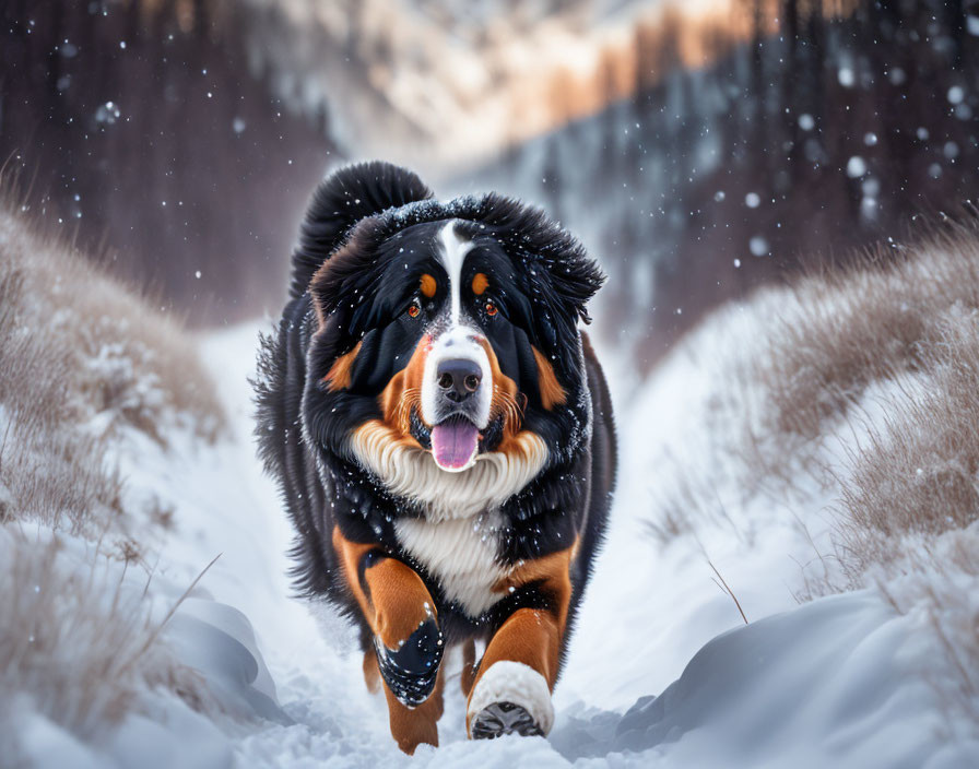 Bernese Mountain Dog running in snowy mountains