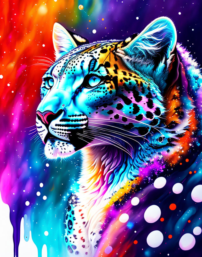 Colorful Neon Leopard Artwork on Cosmic Paint Background