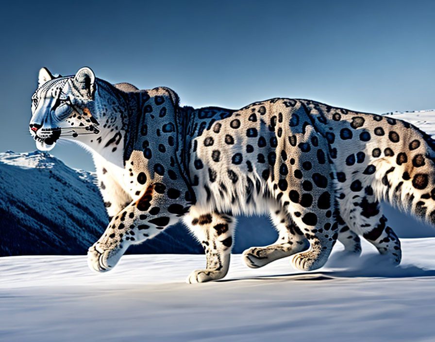 Snow leopard walking in snowy mountain landscape.