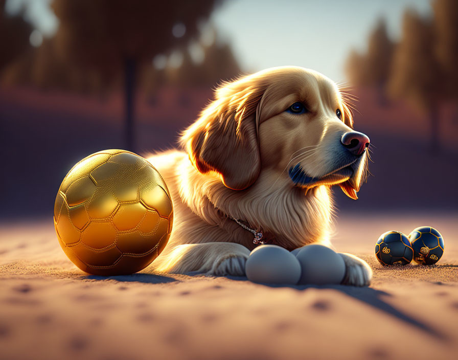 Golden retriever with soccer ball and eggs on sandy beach at sunset