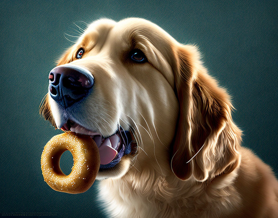 Golden Retriever with Doughnut on Teal Background