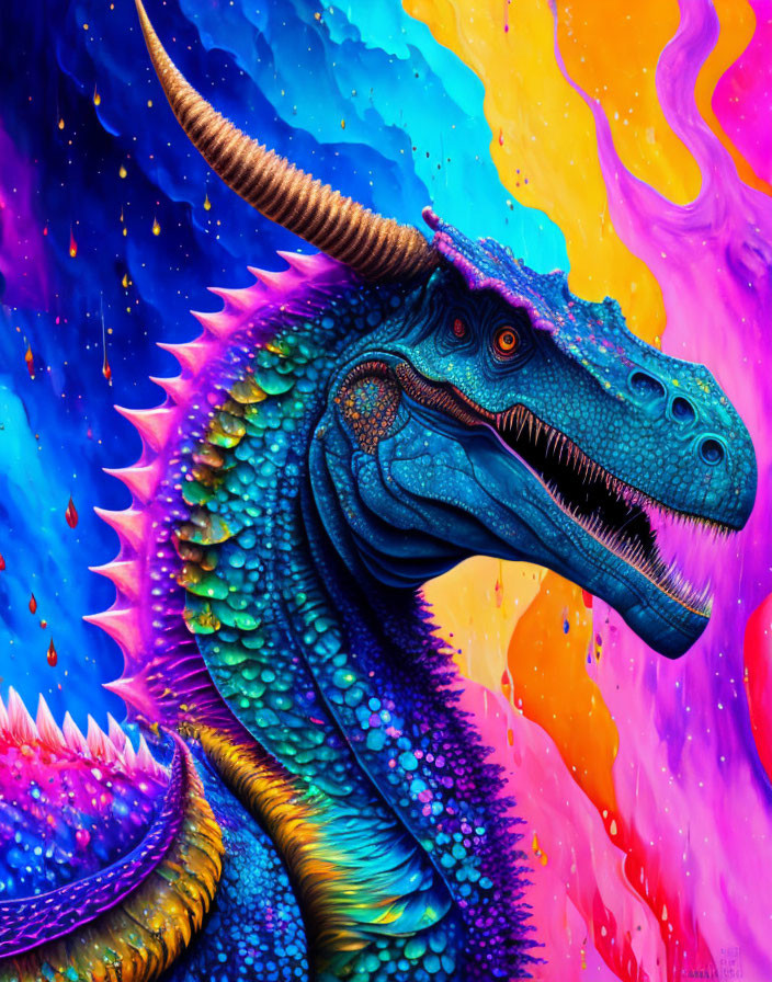 Detailed blue dragon illustration with vibrant scales and long horns.