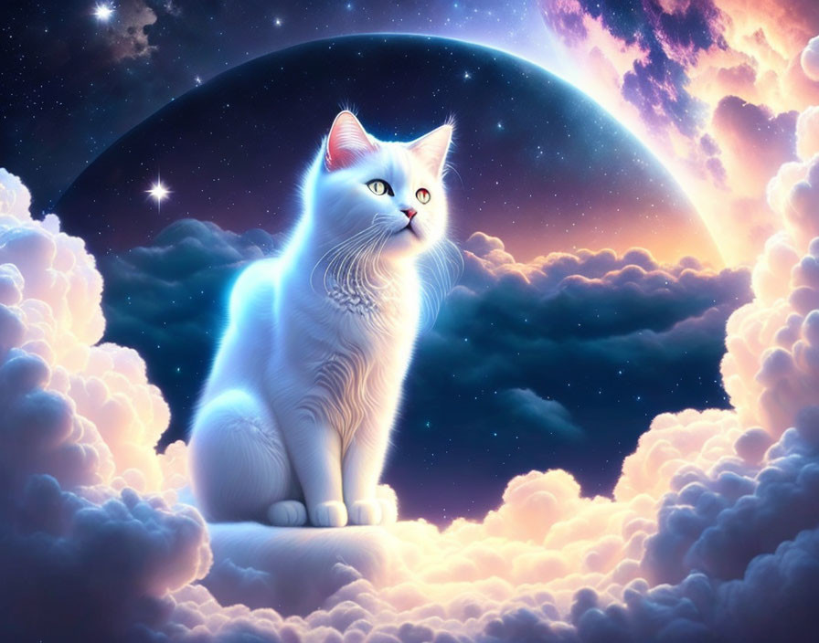 White Cat on Clouds with Cosmic Background and Crescent Moon