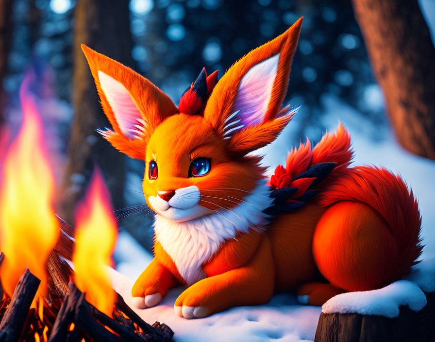 Orange Stylized Fox by Campfire in Snowy Forest