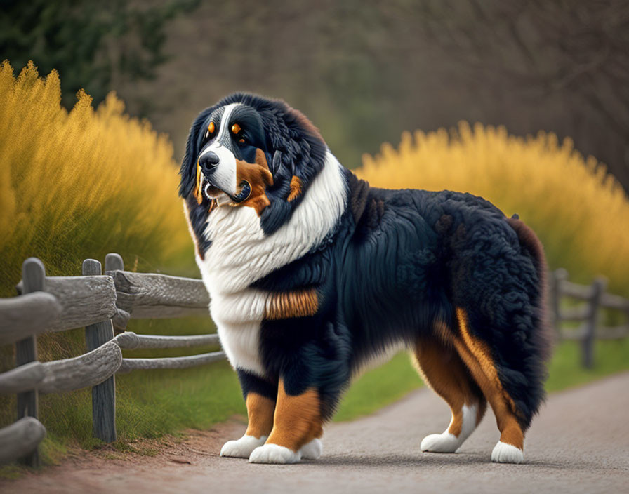 Bernese Mountain Dog on path by wooden fence with flowering bushes