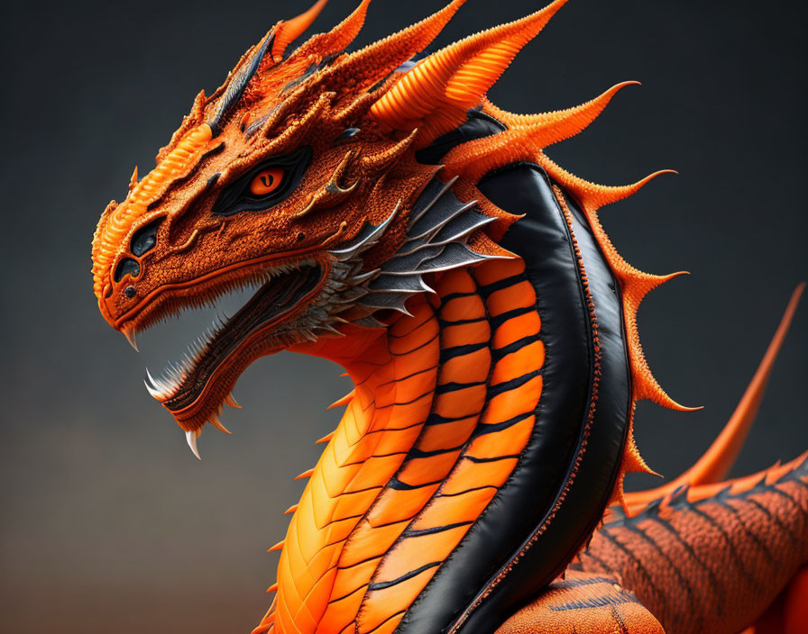 Fiery orange dragon with sharp teeth and green eyes on dark background