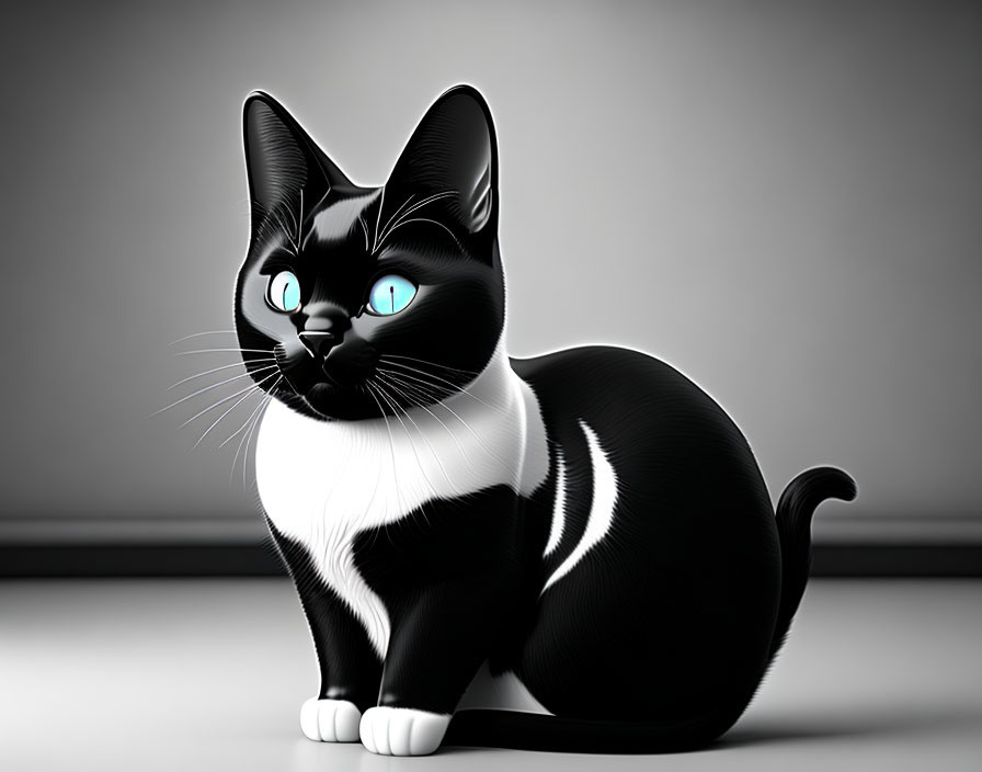 Black and White Cat with Blue Eyes on Grey Background