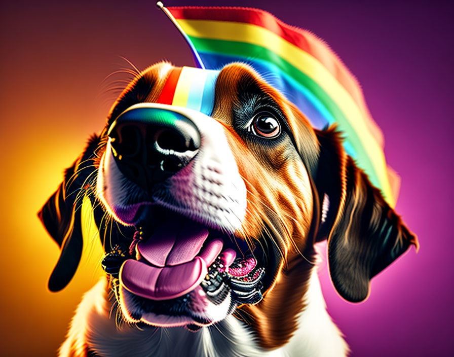 Colorful Dog with Multicolored Hat Smiling on Gradient Background