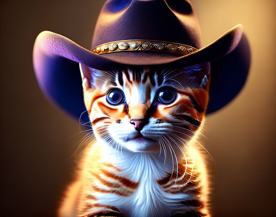 Digital Image: Orange Tabby Cat in Cowboy Hat on Gradient Background