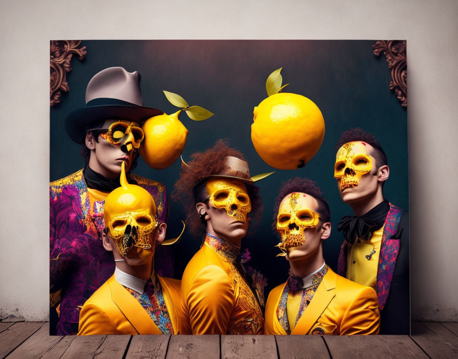 Four individuals in skull makeup and suits with lemons covering eyes in surreal vintage style