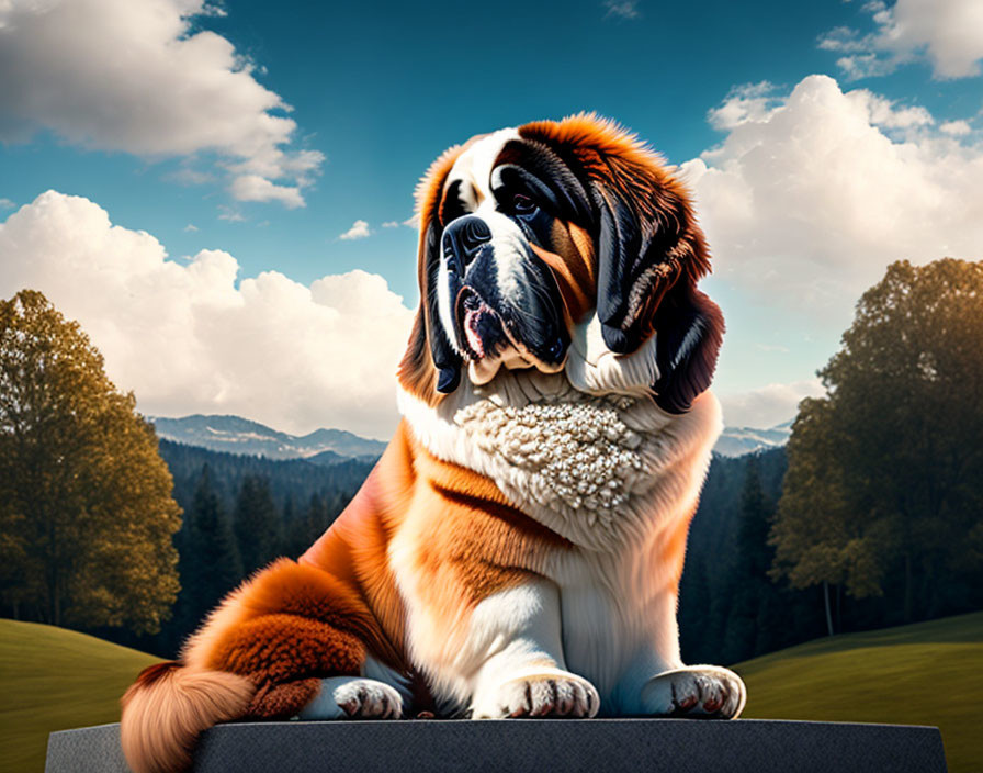 Majestic Saint Bernard Dog Outdoors with Blue Sky and Mountains