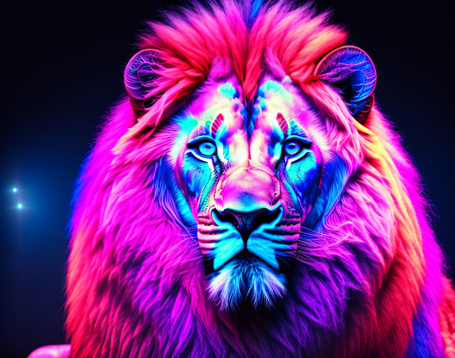 Digitally altered lion image with neon colors on dark background