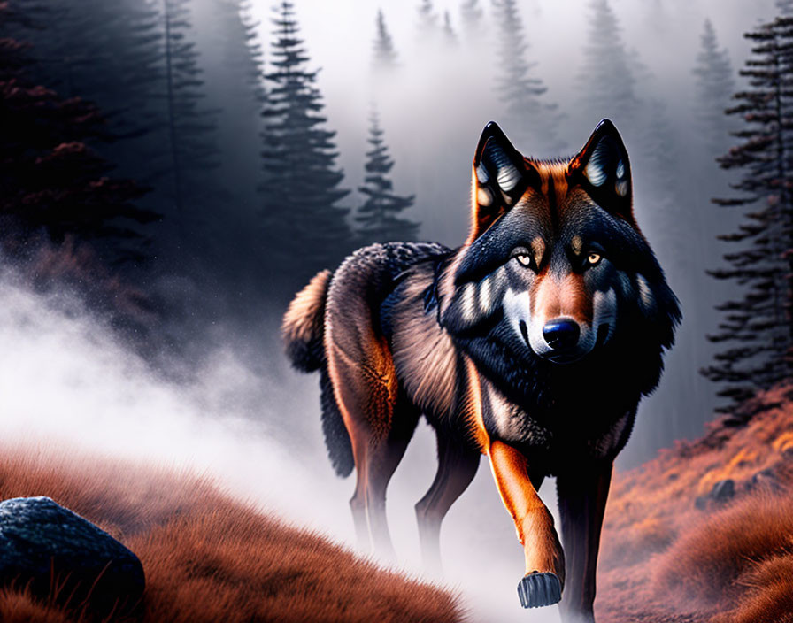 Majestic wolf in misty forest with orange and brown foliage