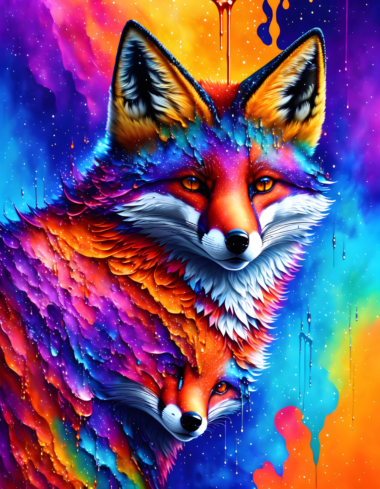 Colorful Psychedelic Artwork Featuring Two Foxes in Cosmic Setting