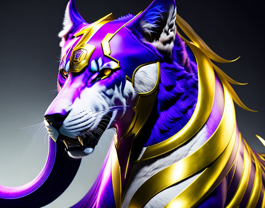 Digital rendering of tiger in purple and gold futuristic armor