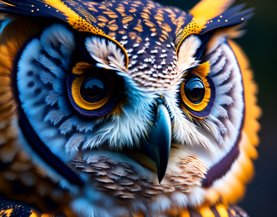 Vividly Colored Owl with Orange Eyes and Intricate Feather Patterns