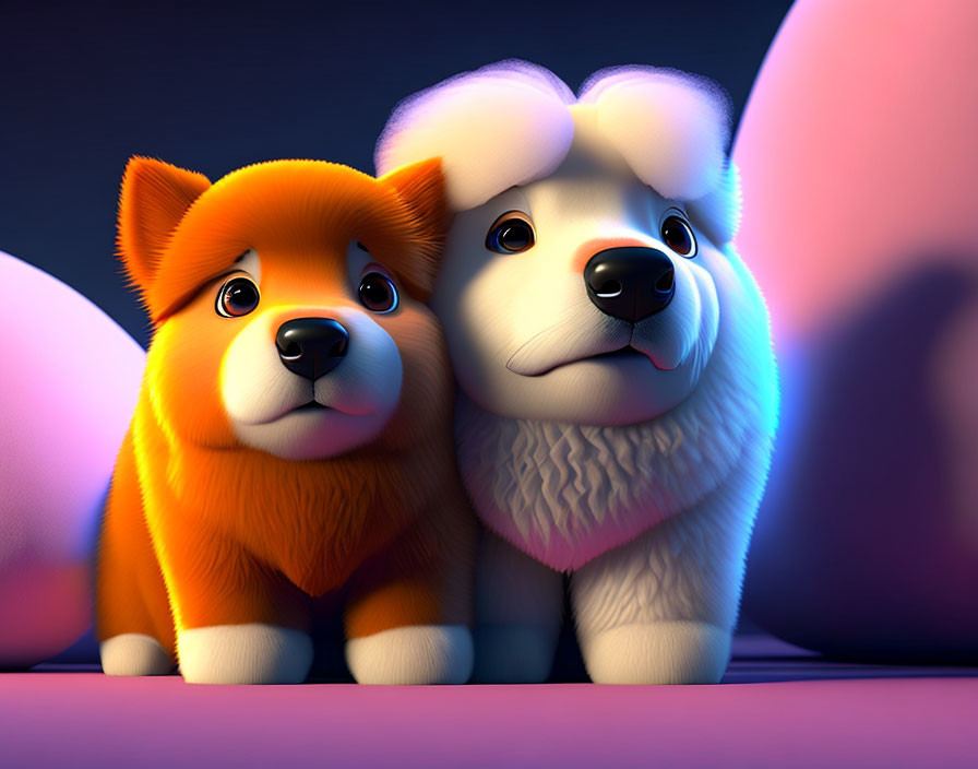 Stylized 3D-animated dogs in orange and white sitting together against dark backdrop