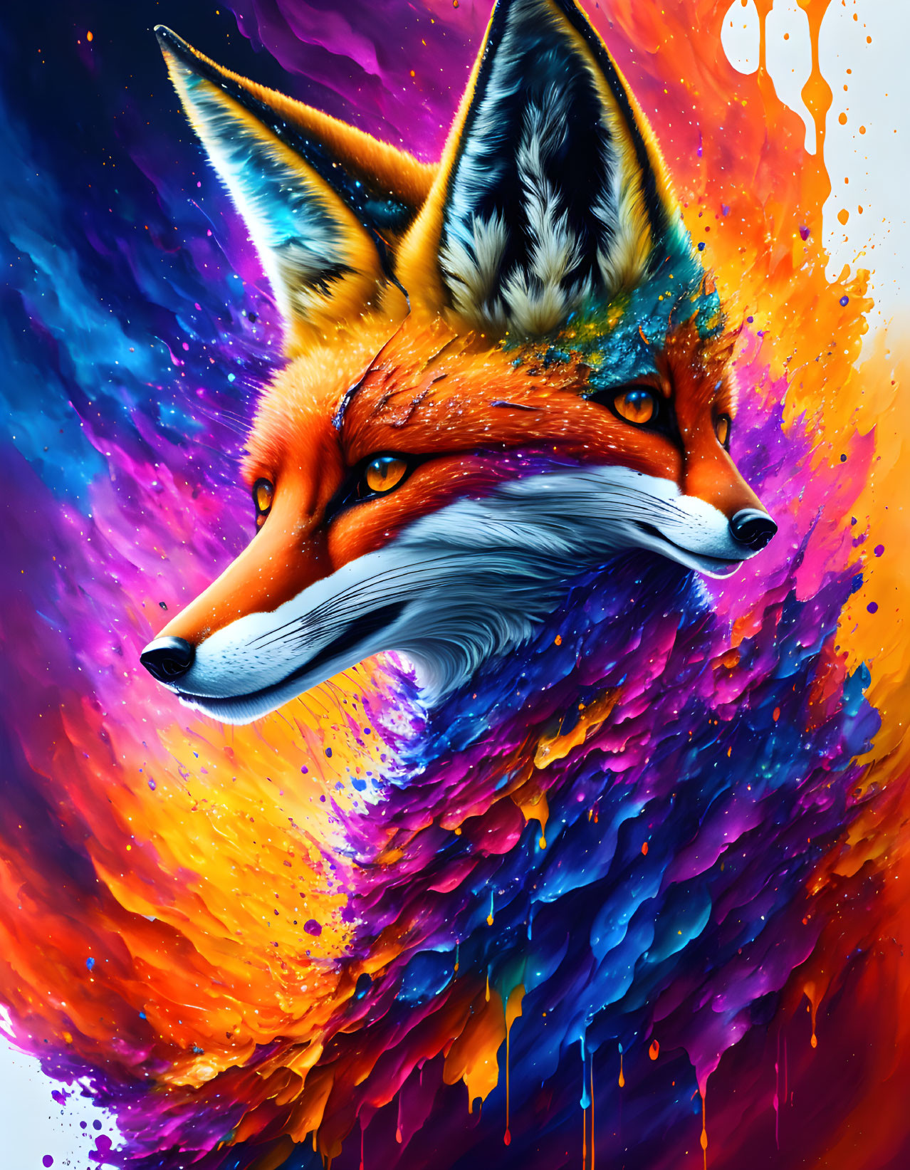 Colorful Fox Artwork with Fiery and Cool Hues Blend