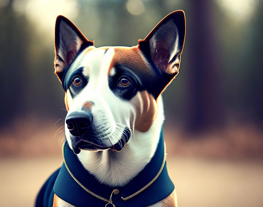 Tricolor dog with pointed ears and blue collar in forest setting