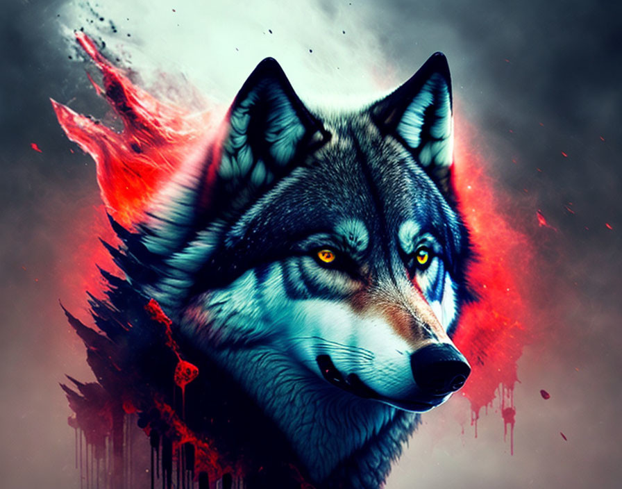 Digital Artwork: Wolf with Yellow Eyes & Fiery Elements in Gothic Cityscape