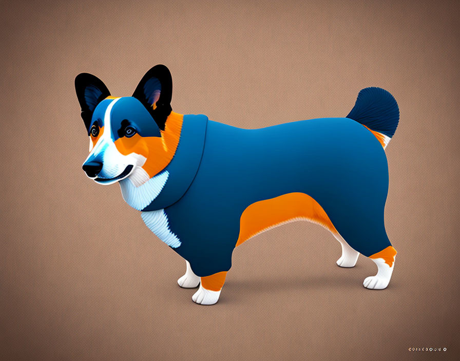 Corgi Dog in Blue and Orange Outfit on Textured Brown Background