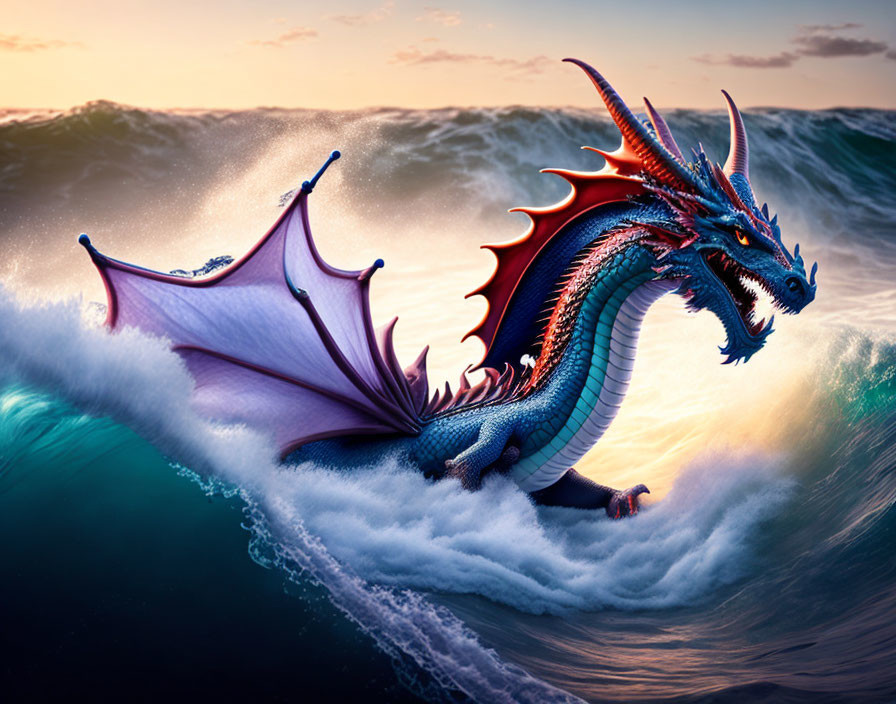 Blue dragon emerging from ocean waves under dramatic sky