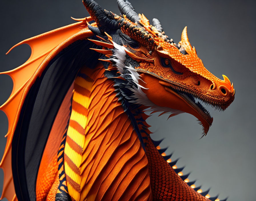 Detailed orange dragon with intricate scales and horns on grey background