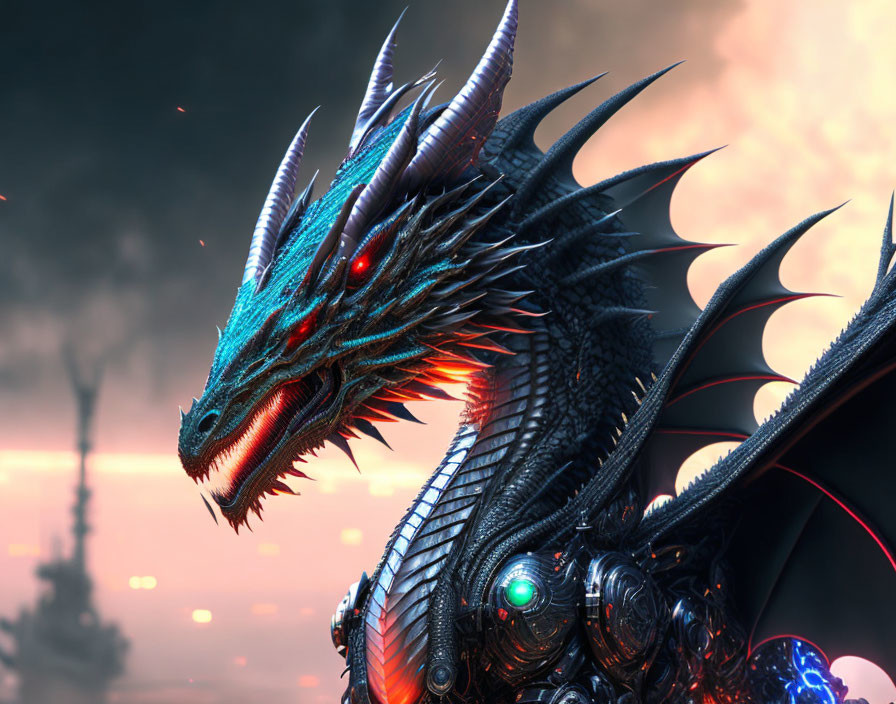 Mechanical Dragon with Sharp Horns and Red Eyes in Fiery Sky