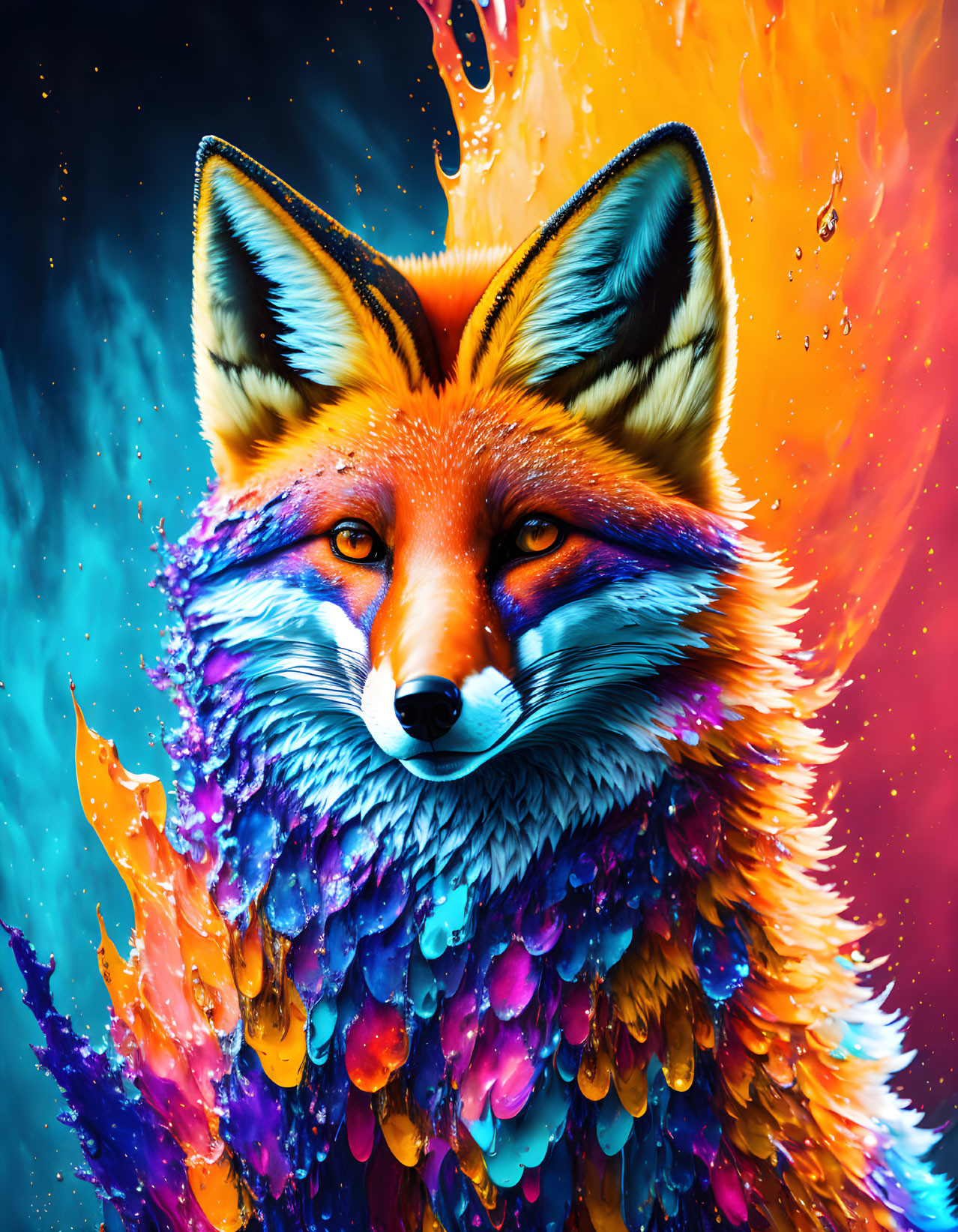 Vivid Fox Artwork with Fiery Orange and Cool Blue Palette