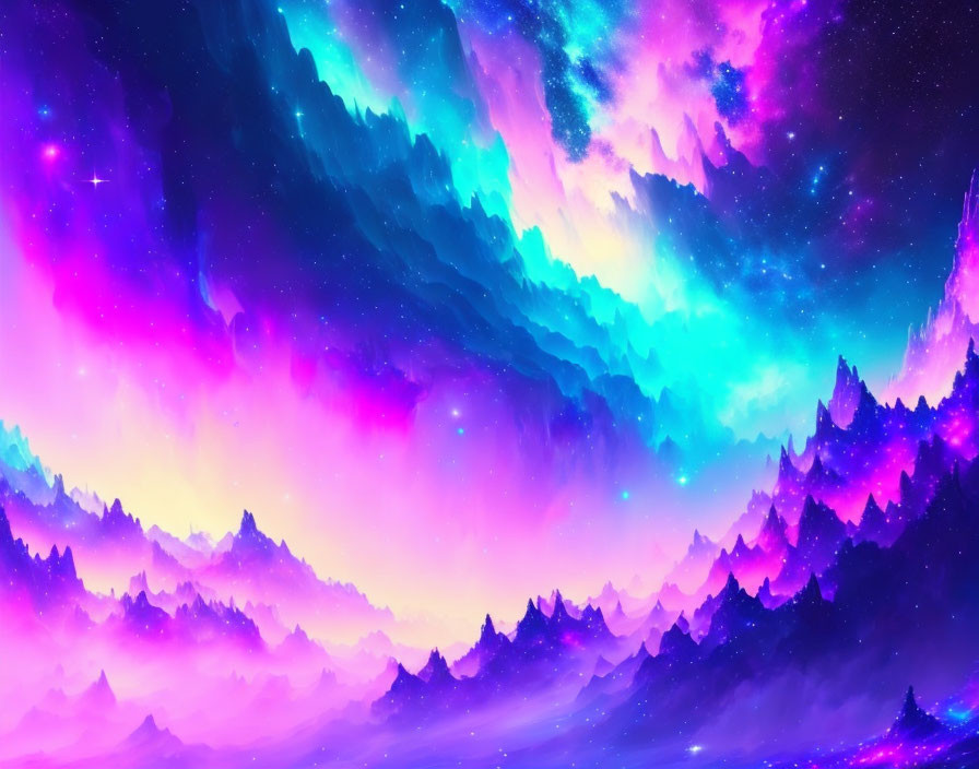 Digital Art: Neon Night Sky Over Silhouetted Mountains