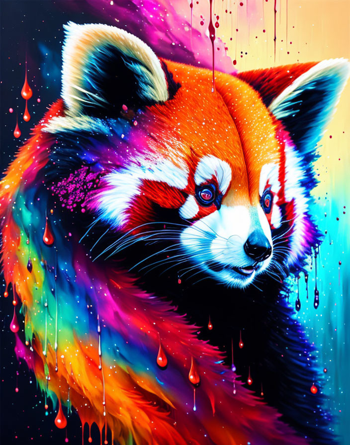 Colorful illustration of red panda with blue, purple, and red hues