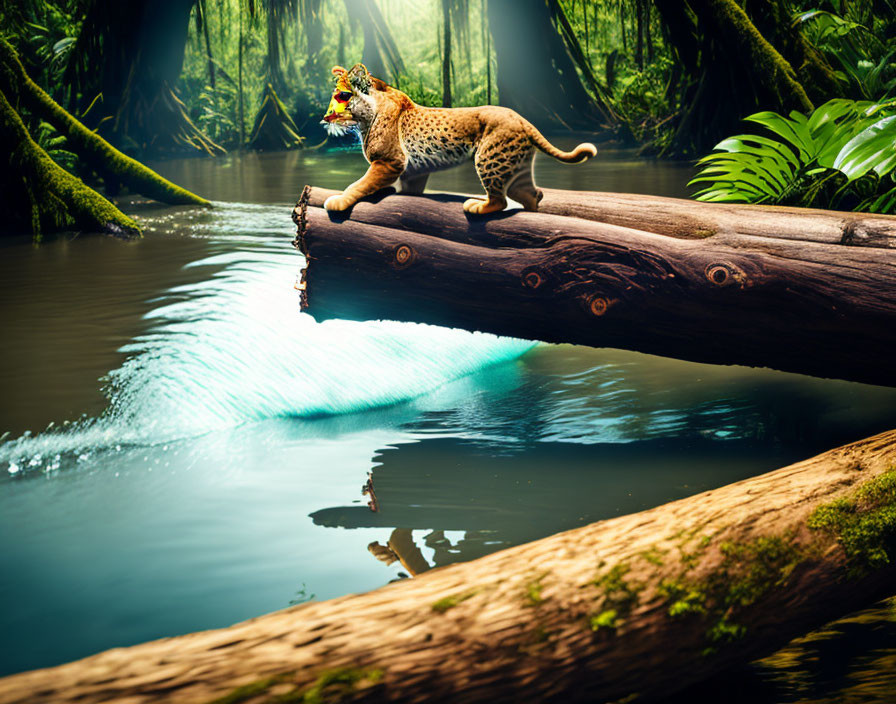 Jaguar crossing fallen tree trunk in lush rainforest with reflection.