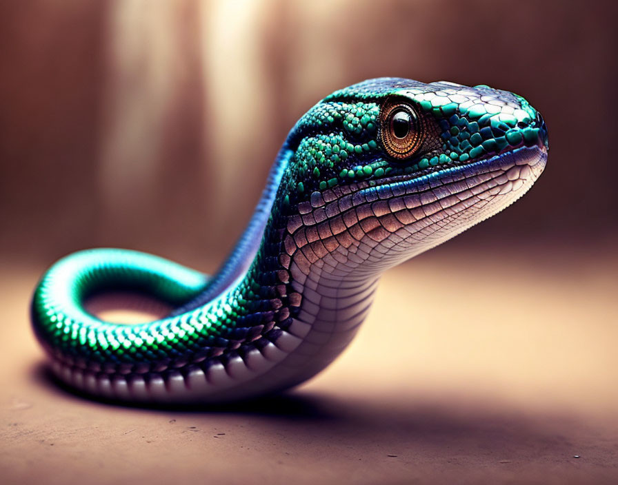 Colorful Blue and Green Snake with Smooth Scales and Captivating Eye on Blurred Background