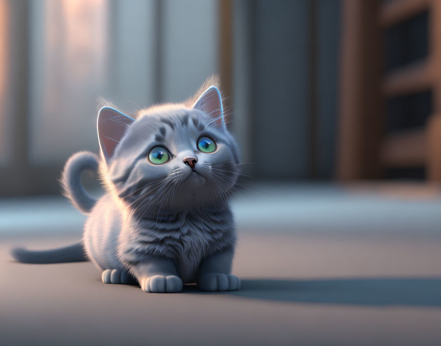 Adorable grey kitten with green eyes in animated style