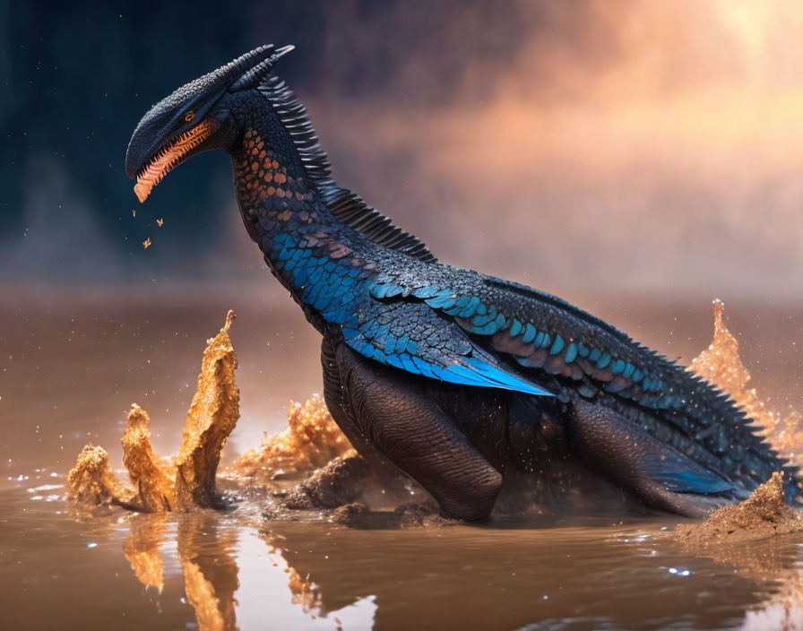 Blue and black feathered dinosaur near water under orange sky