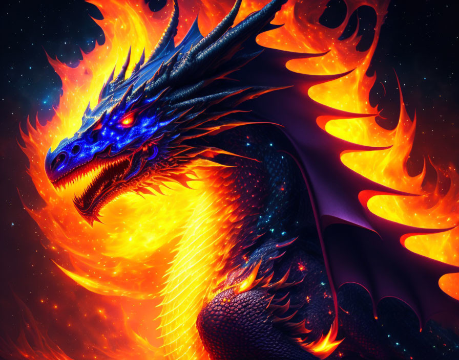 Blue dragon with orange wings in fiery blaze against swirling inferno.