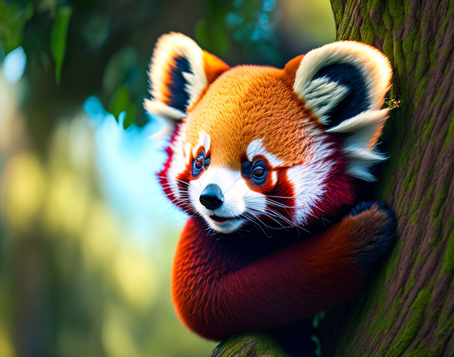 Red panda in lush green foliage, black eyes, tree branch perch