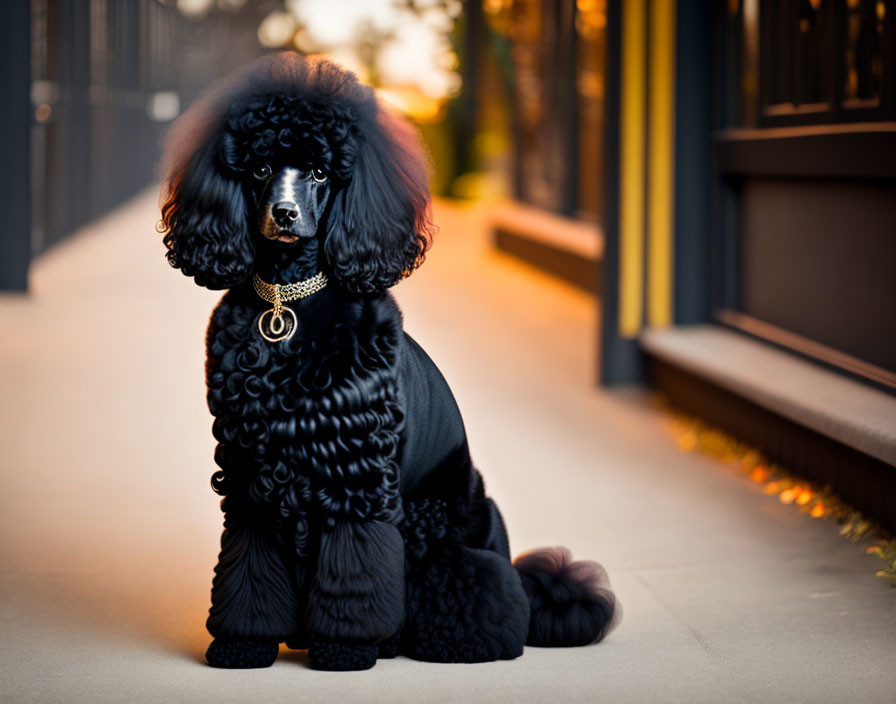 Fluffy black poodle with stylized haircut in warm light