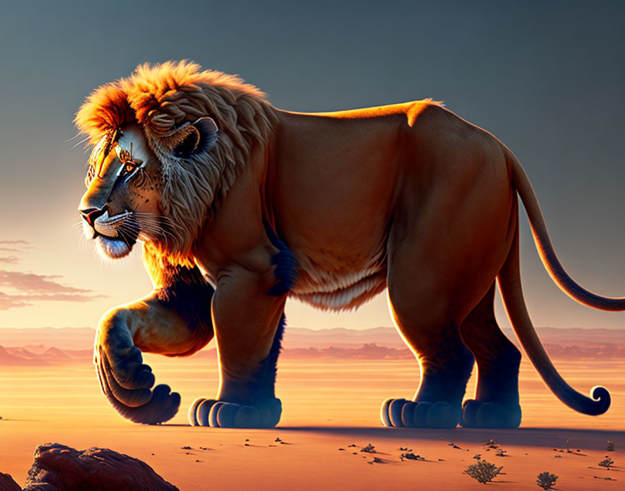 Stylized lion in surreal sunset landscape with vivid colors