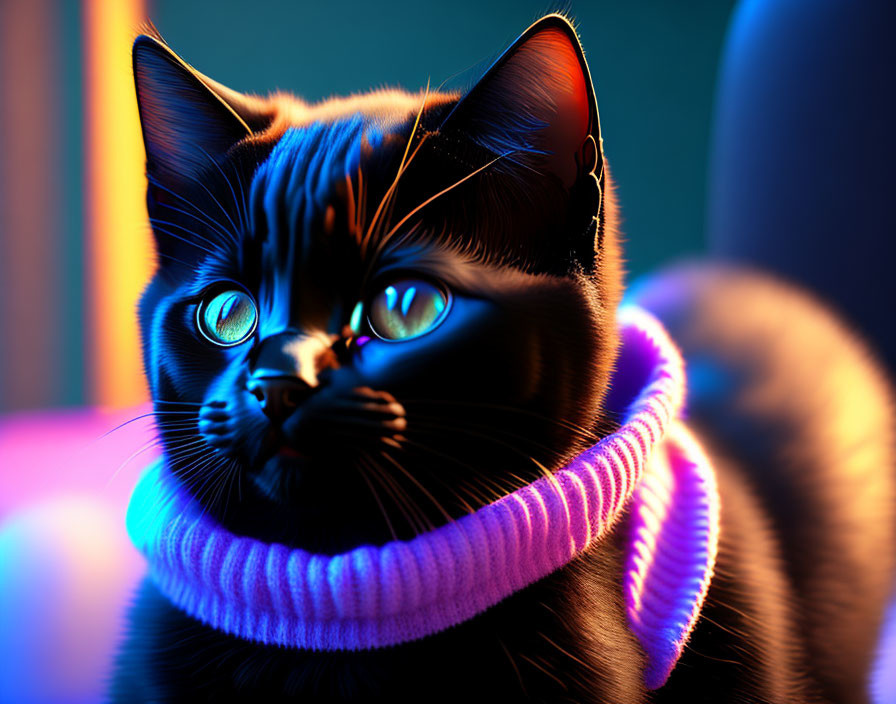 Striking black cat with blue eyes and pink collar in neon lights