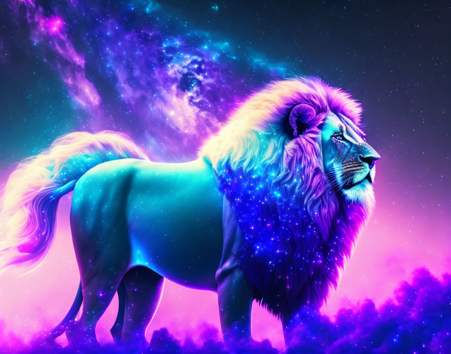 Colorful Lion Artwork with Cosmic Mane on Neon Galaxy Background