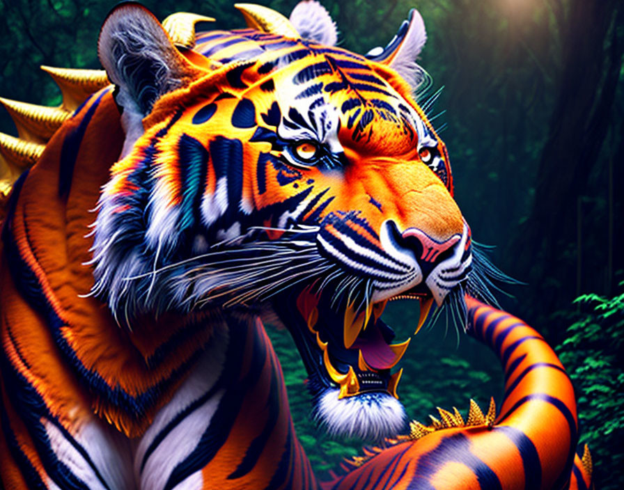 Detailed Tiger Illustration with Open Mouth and Fantasy Elements