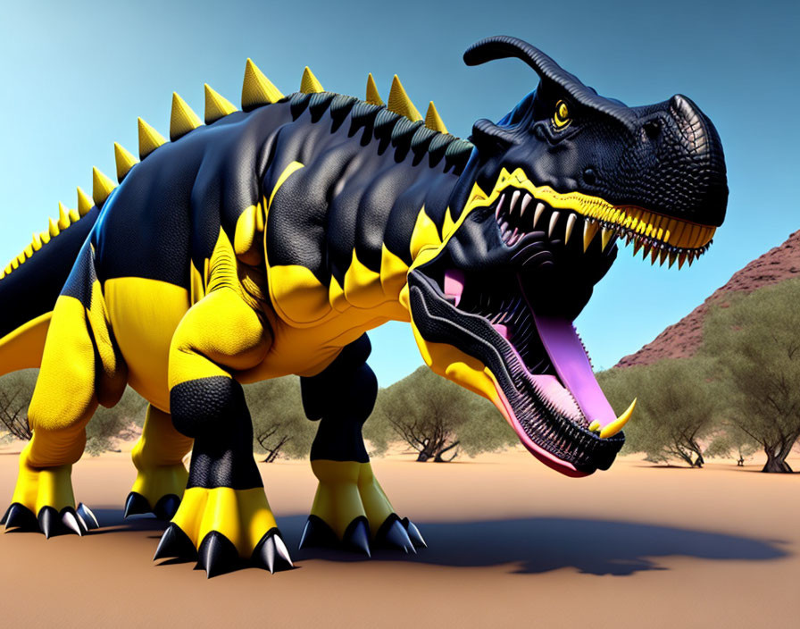 Colorful Tyrannosaurus rex in desert landscape with yellow and blue stripes