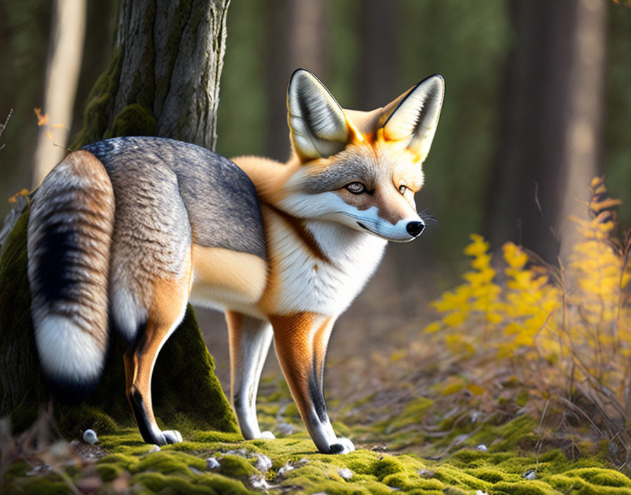 Red Fox in Sunlit Forest with Moss and Flowers