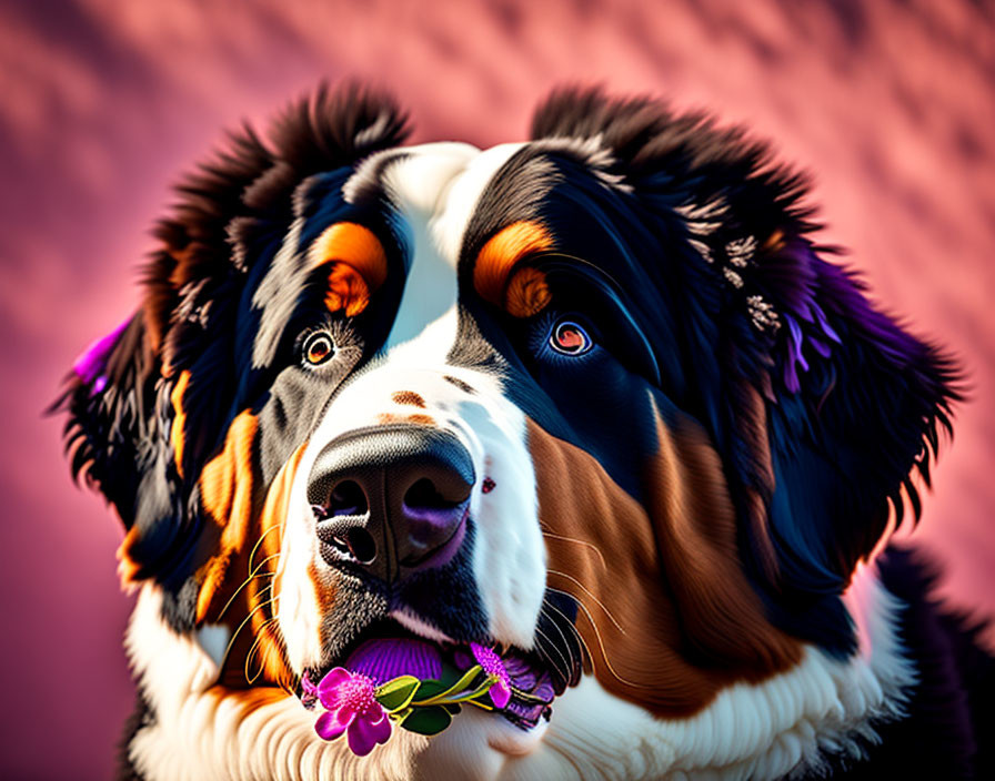 Bernese Mountain Dog holding purple flower on pink background