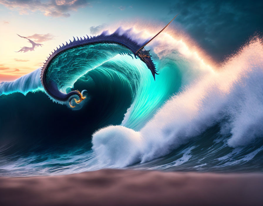 Vibrant sunset scene: fantastical sea creature in giant wave