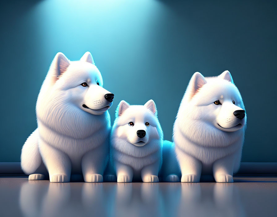 Three Fluffy White Dogs on Soft Blue Background